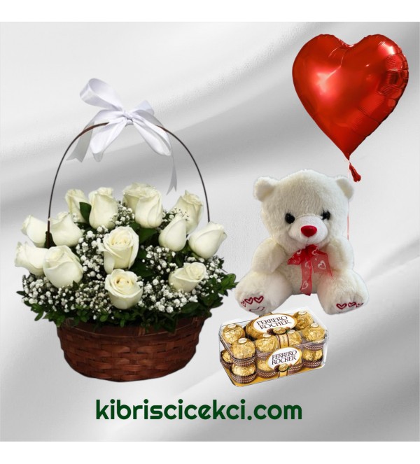 Sepette 15 Beyaz Gül Ayıcık 16'lı Ferrero Çikolata Kalp Helyum Balon